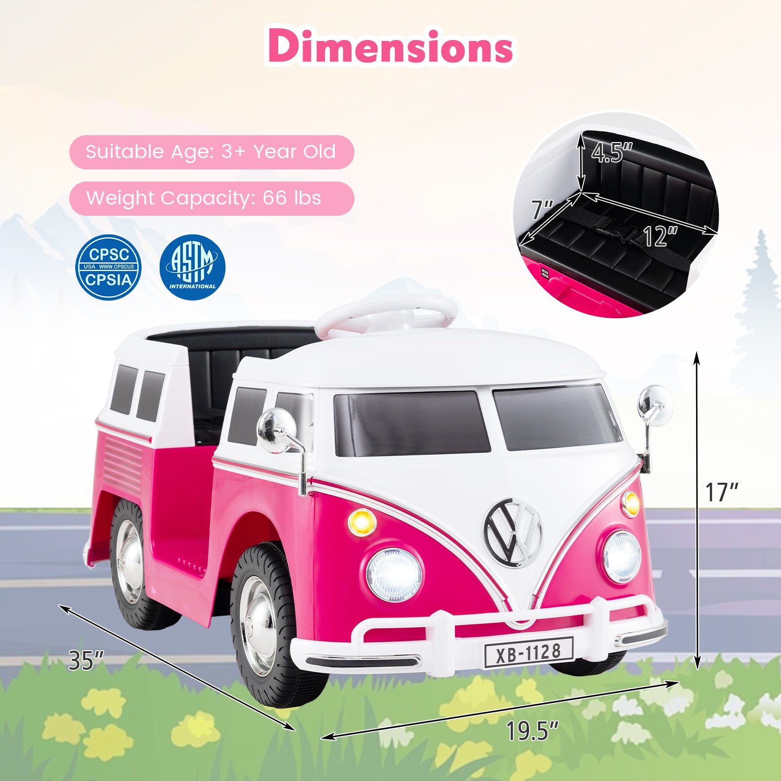 12V Ride On Car Licensed Volkswagen Ride-on Bus with Cup Holder and LED Headlights for 3+ Years Old-Pink