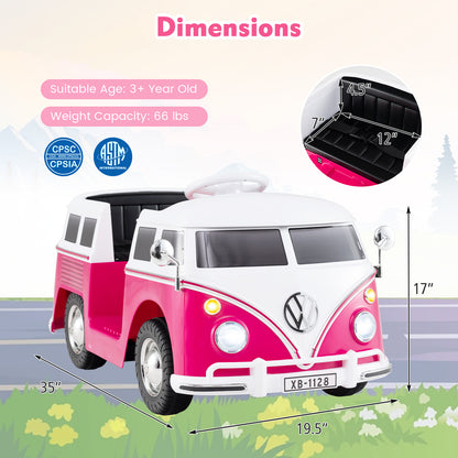 12V Ride On Car Licensed Volkswagen Ride-on Bus with Cup Holder and LED Headlights for 3+ Years Old-Pink