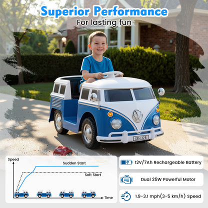 12V Ride On Car Licensed Volkswagen Ride-on Bus with Cup Holder and LED Headlights for 3+ Years Old-Blue