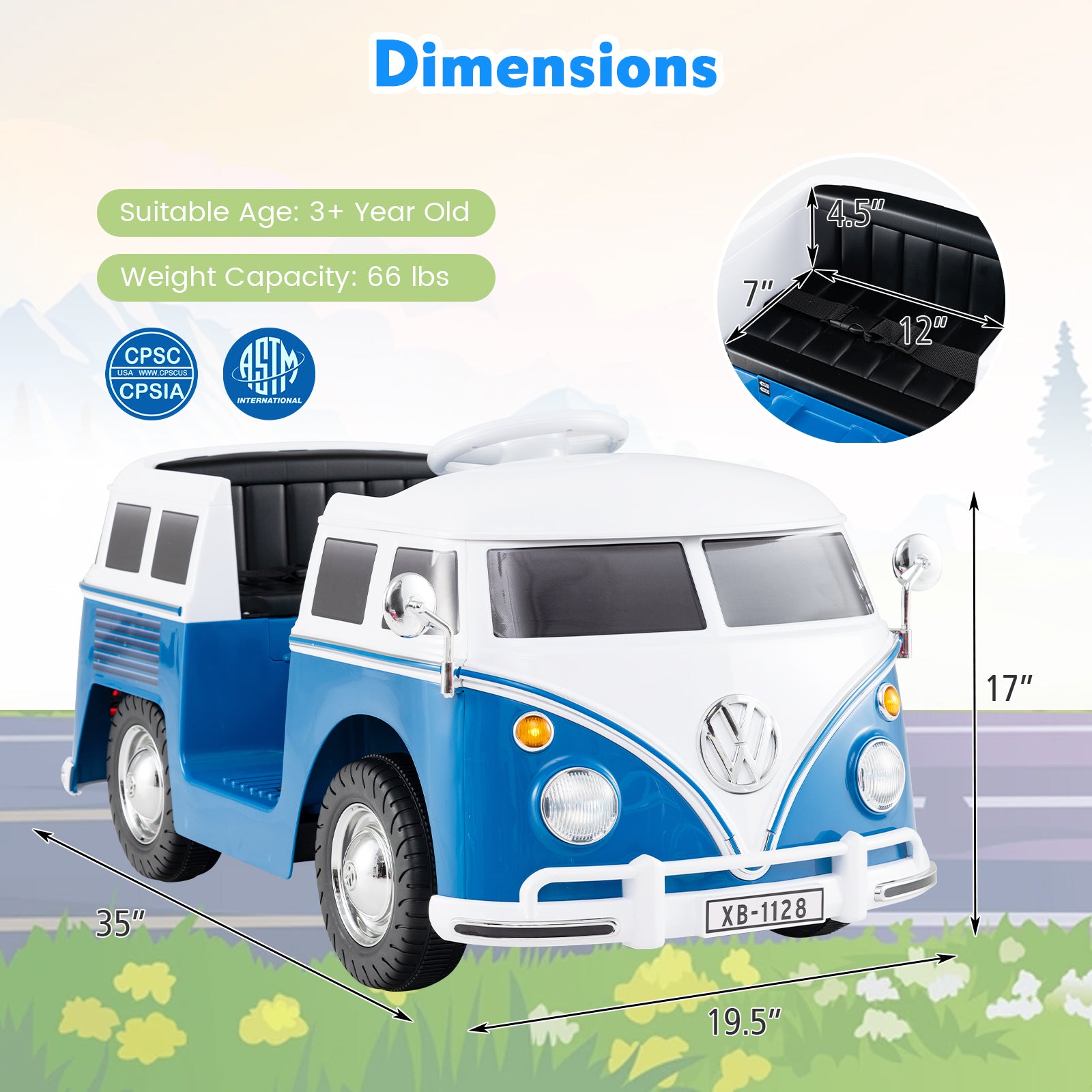 12V Ride On Car Licensed Volkswagen Ride-on Bus with Cup Holder and LED Headlights for 3+ Years Old-Blue