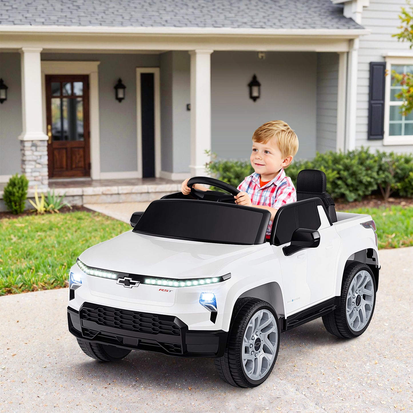 12V Ride on Car Truck Licensed Chevrolet with Remote Control Gift for 3+-White