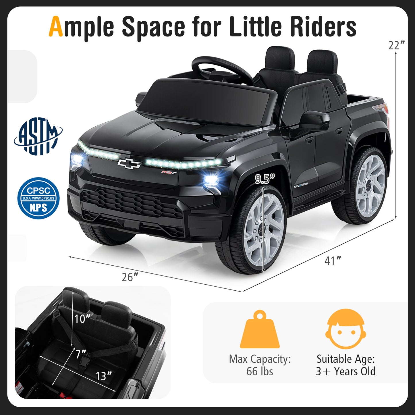 12V Ride on Car Truck Licensed Chevrolet with Remote Control Gift for 3+-Black