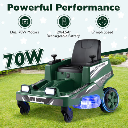12V Ride on Lawn Mower for Kids with Dual Control Sticks and LED Lights-Green
