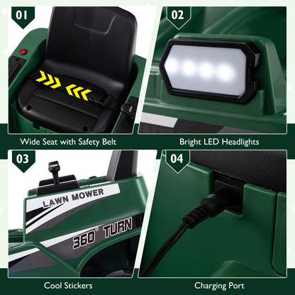 12V Ride on Lawn Mower for Kids with Dual Control Sticks and LED Lights-Green
