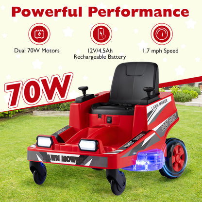 12V Ride on Lawn Mower for Kids with Dual Control Sticks and LED Lights-Red