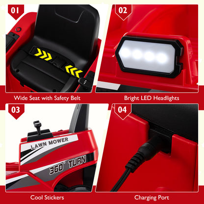 12V Ride on Lawn Mower for Kids with Dual Control Sticks and LED Lights-Red
