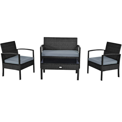 4 Pieces Patio Rattan Cushioned Furniture Set-Black - Gray