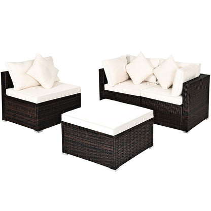 4 Pcs Ottoman Garden Deck Patio Rattan Wicker Furniture Set Cushioned Sofa-White - White