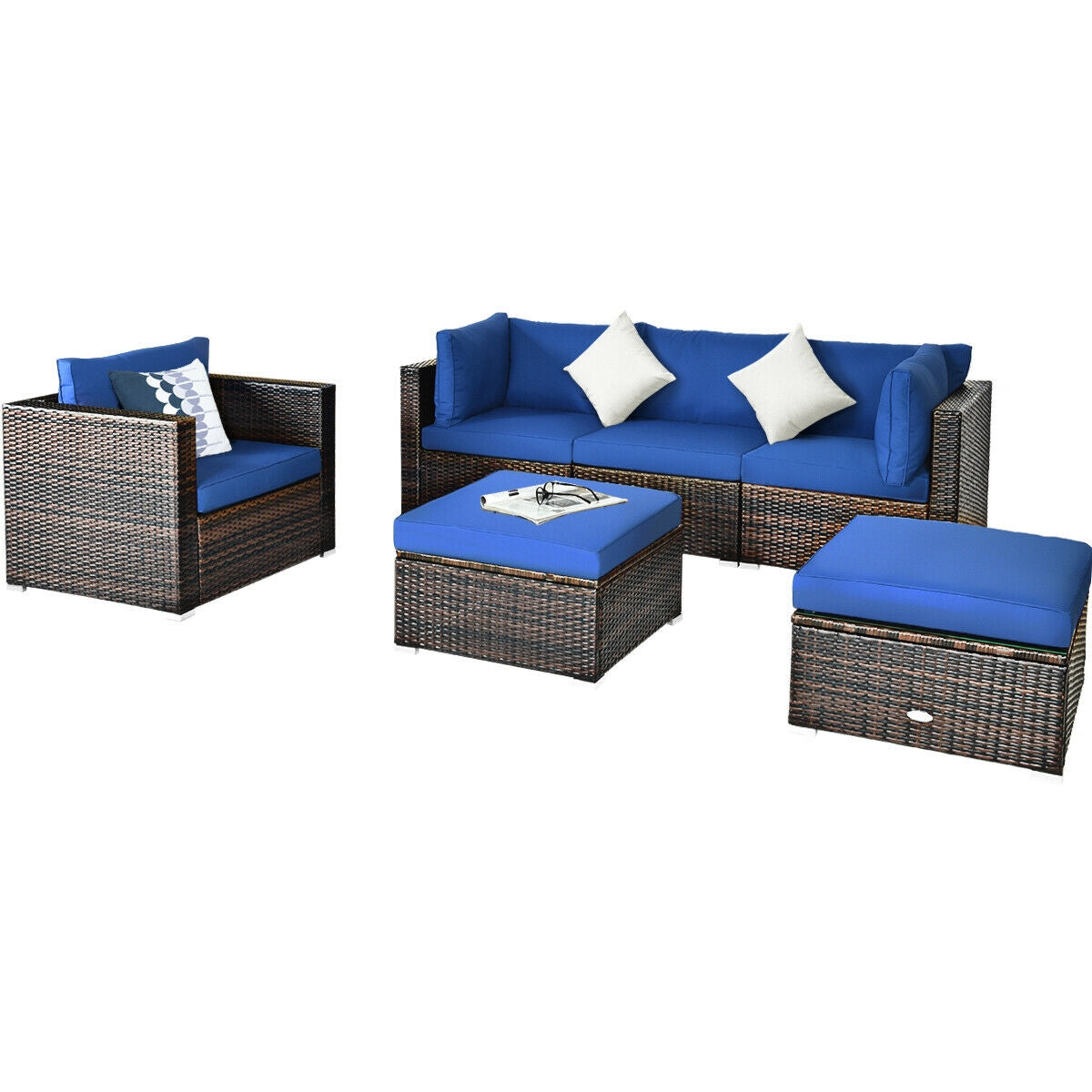 6 Pcs Patio Rattan Furniture Set with Sectional Cushion-Turquoise - Blue