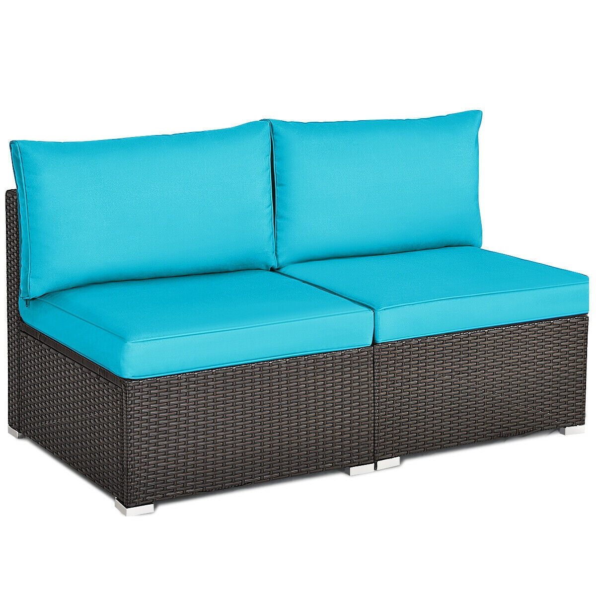 2 Pieces Patio Rattan Armless Sofa Set with 2 Cushions and 2 Pillows-Brown - Blue