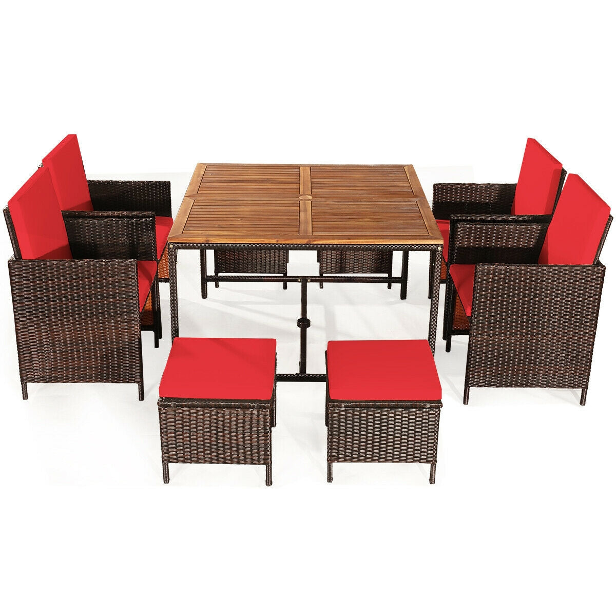 9 Pieces Patio Rattan Dining Cushioned Chairs Set-White - Red