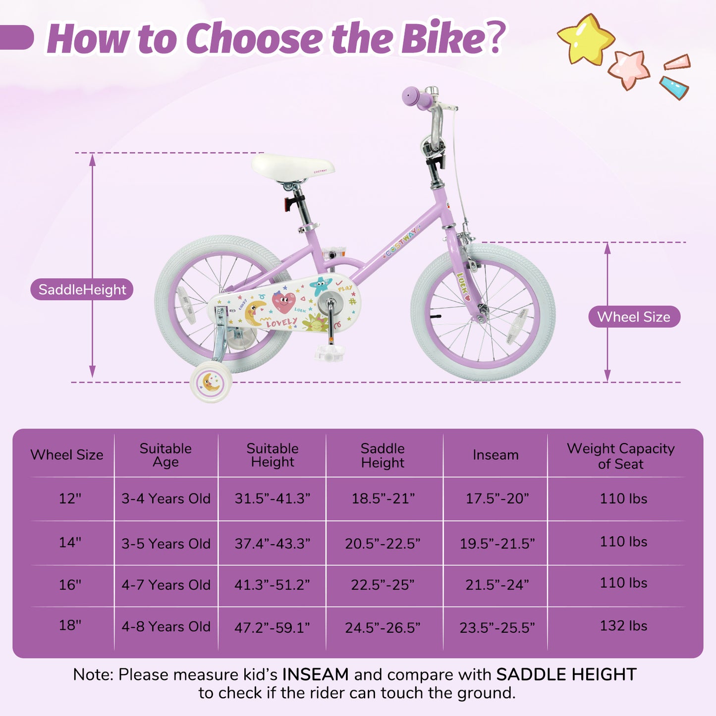 Kids Bike 12-18 Inch with Training Wheels - Purple