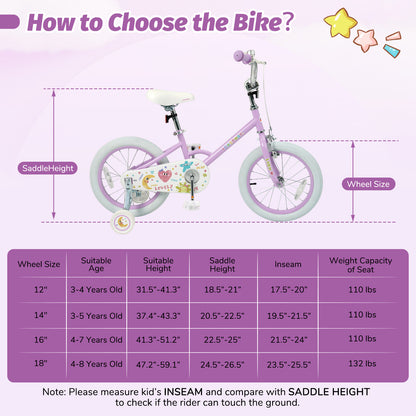 Kids Bike 12-18 Inch with Training Wheels - Purple