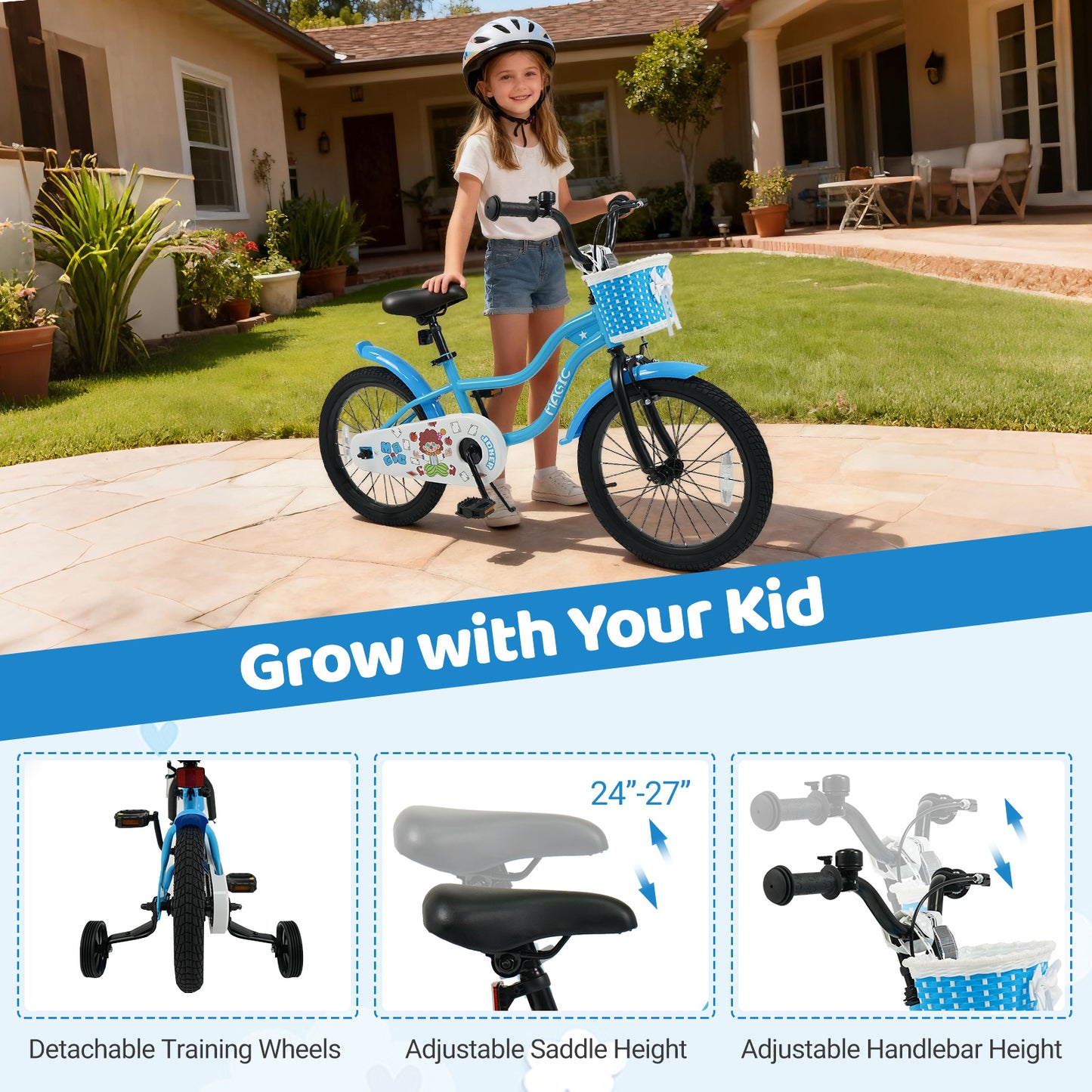 12/14/16/18 Inch Kids Bike with Training Wheels and Basket Navy Color-18 inches