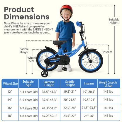 12/14/16/18 Inches Kids Bike with Removable Training Wheels and Adjustable Seatfor 3-8 Years Old Navy-16 inches