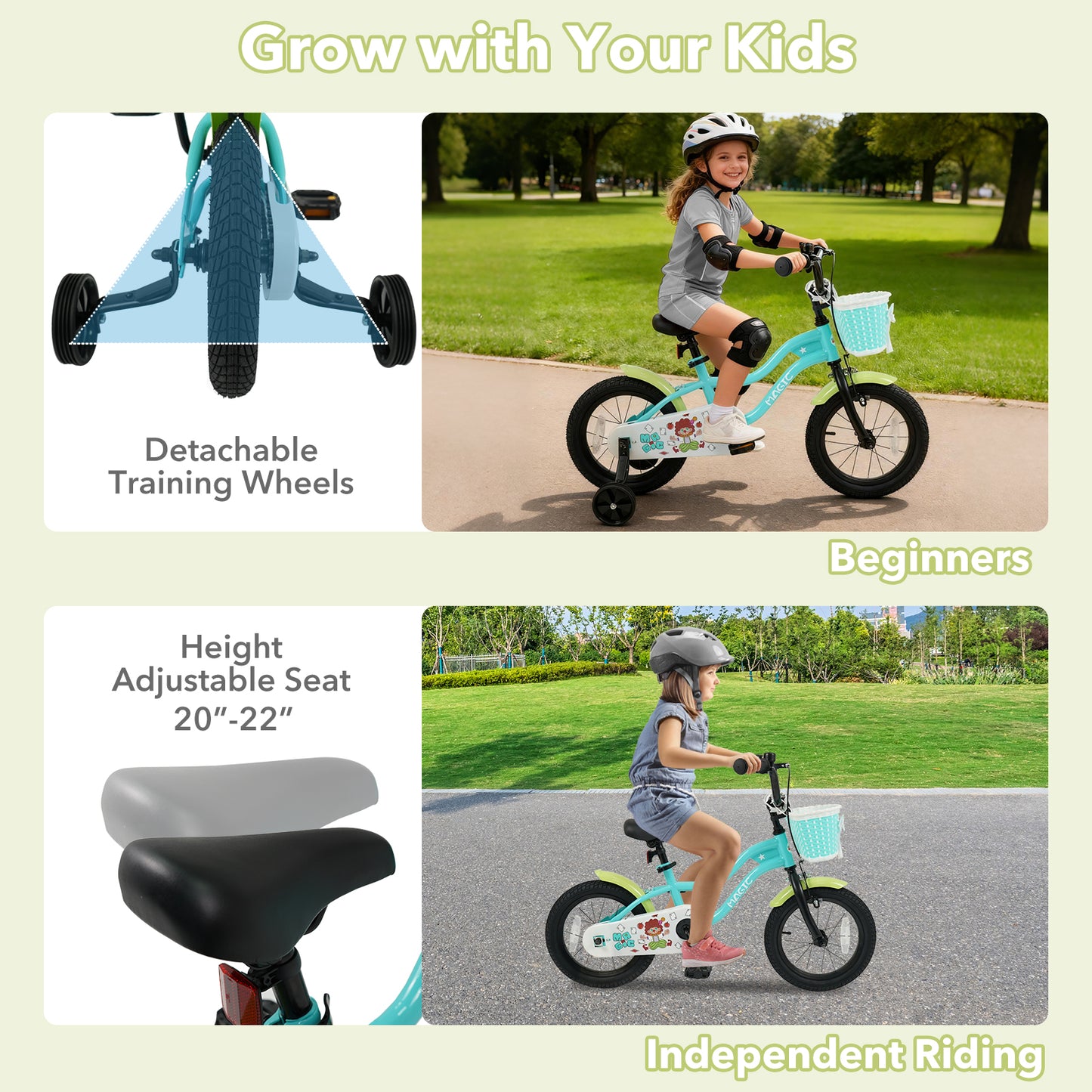 12/14/16 Inch Kids Bike with Training Wheels and Basket Green Color-14