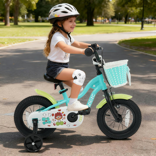 12/14/16 Inch Kids Bike with Training Wheels and Basket Green Color-12
