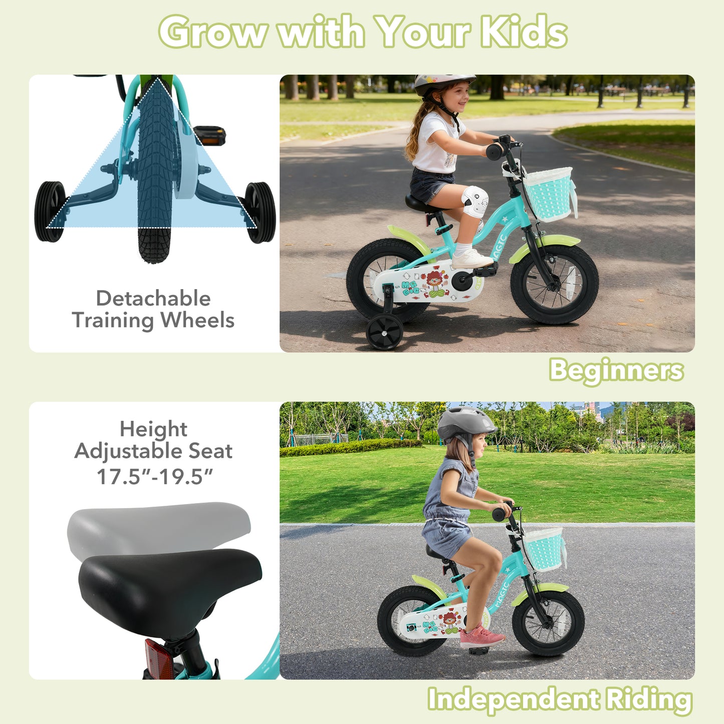 12/14/16 Inch Kids Bike with Training Wheels and Basket Green Color-12