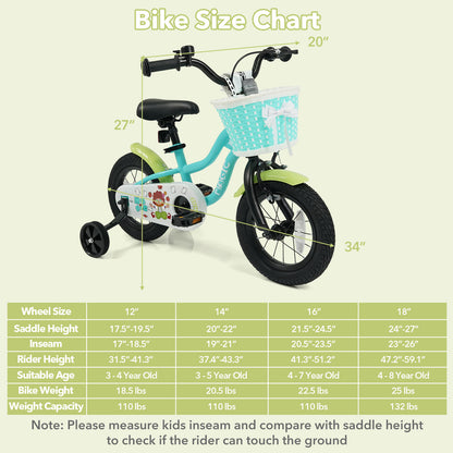12/14/16 Inch Kids Bike with Training Wheels and Basket Green Color-12