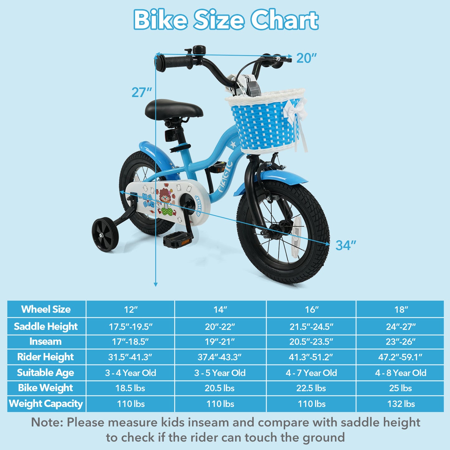 12/14/16 Inch Kids Bike with Training Wheels and Basket Navy Color-12