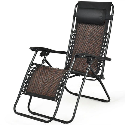 Folding Rattan Zero Gravity Lounge Chair with Removable Head Pillow-Brown - Light Brown