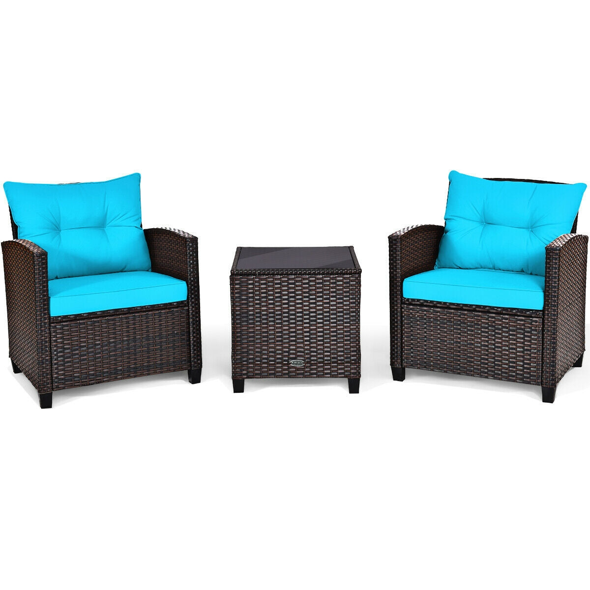 3 Pieces Rattan Patio Furniture Set with Washable Cushion-Beige & Turquoise - Turquoise