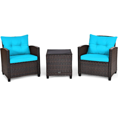 3 Pieces Rattan Patio Furniture Set with Washable Cushion-Beige & Turquoise - Turquoise