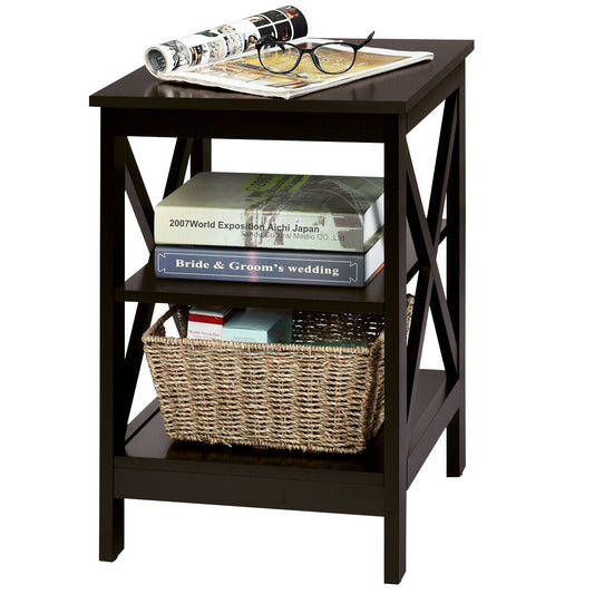3-Tier Nightstand End Table with X Design Storage -Dark Brown
