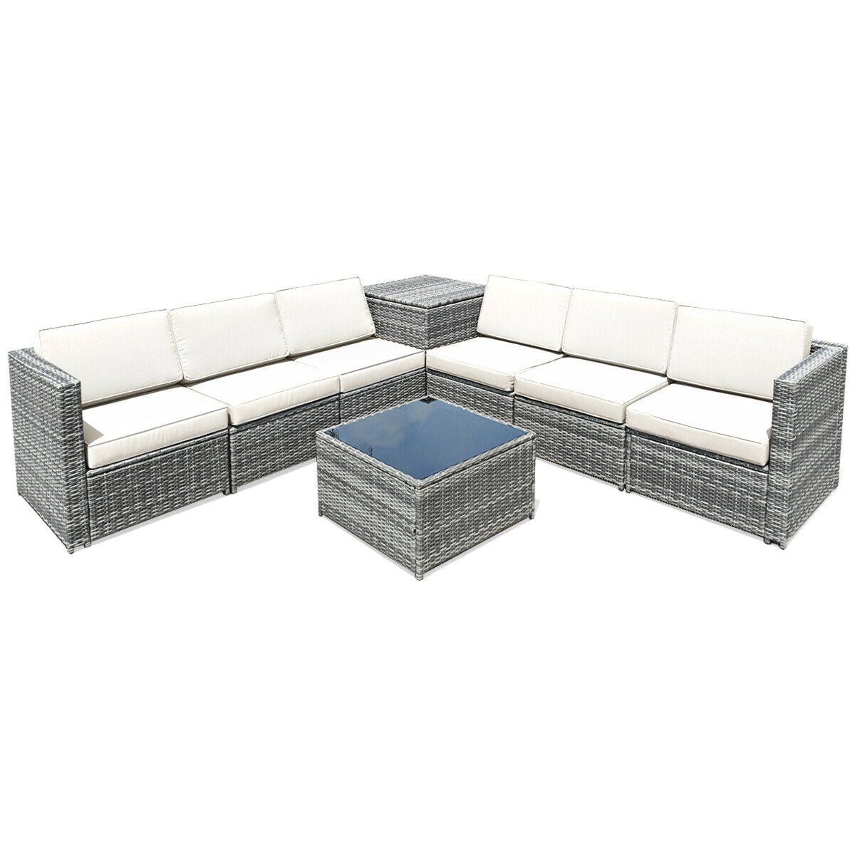 8 Pieces Wicker Sofa Rattan Dining Set Patio Furniture with Storage Table-Gray - White