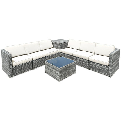 8 Pieces Wicker Sofa Rattan Dining Set Patio Furniture with Storage Table-Gray - White