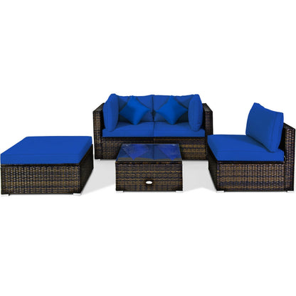 5 Pieces Outdoor Patio Rattan Furniture Set With Cushions-Beige - Navy