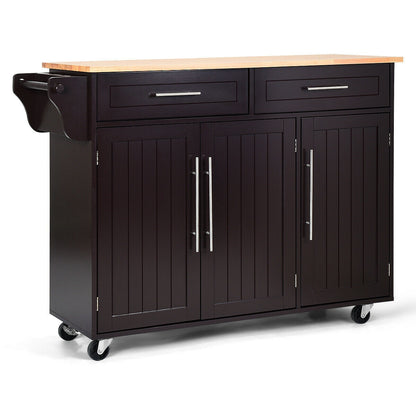 Kitchen Island Trolley Cart Wood Top Rolling Storage Cabinet-White - Brown