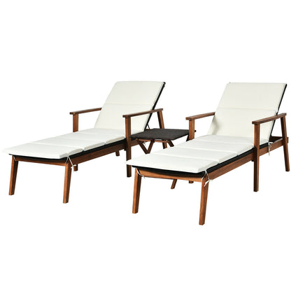 3 Pieces Portable Patio Cushioned Rattan Lounge Chair Set with Folding Table-White - White