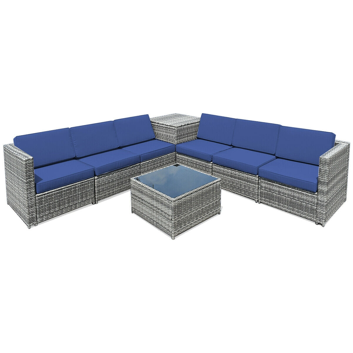 8 Pieces Wicker Sofa Rattan Dining Set Patio Furniture with Storage Table-Gray - Navy
