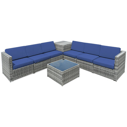 8 Pieces Wicker Sofa Rattan Dining Set Patio Furniture with Storage Table-Gray - Navy