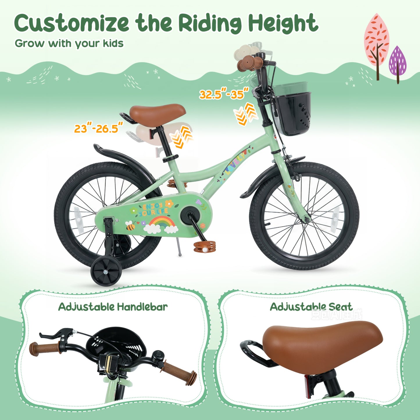 Girls Bike 12 Inch with Training Wheels and Basket - Green