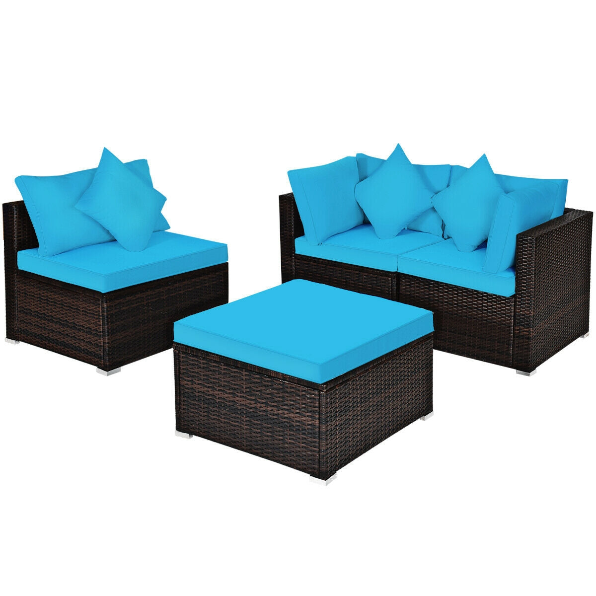 4 Pcs Ottoman Garden Deck Patio Rattan Wicker Furniture Set Cushioned Sofa-White - Turquoise