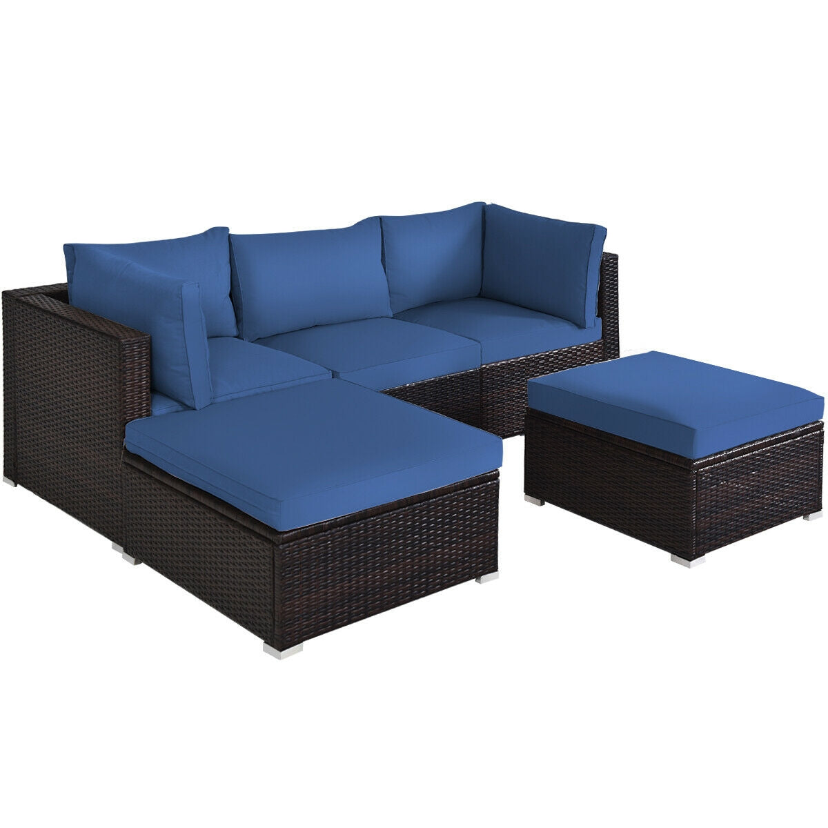 5 Pieces Patio Rattan Sofa Set with Cushion and Ottoman-Beige - Navy