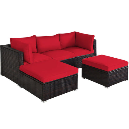 5 Pieces Patio Rattan Sofa Set with Cushion and Ottoman-Beige - Red
