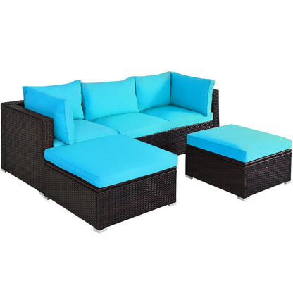 5 Pieces Patio Rattan Sofa Set with Cushion and Ottoman-Beige - Blue