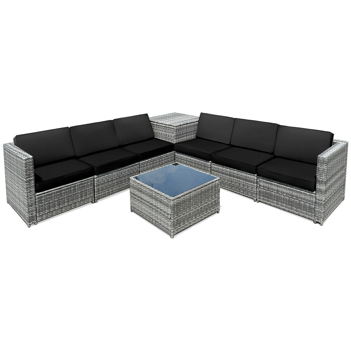8 Pieces Wicker Sofa Rattan Dining Set Patio Furniture with Storage Table-Gray - Black