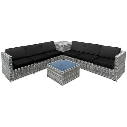 8 Pieces Wicker Sofa Rattan Dining Set Patio Furniture with Storage Table-Gray - Black
