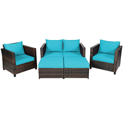 5 Pieces Patio Cushioned Rattan Furniture Set-Navy - Turquoise