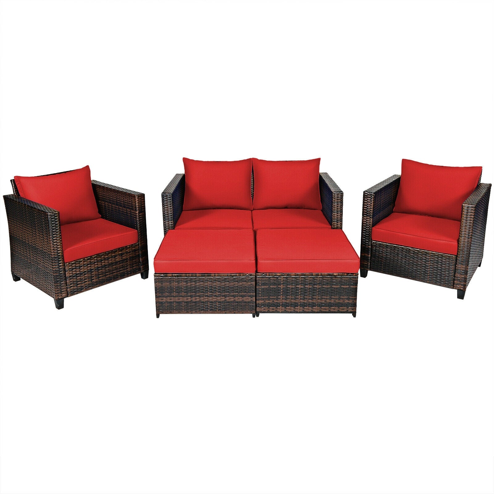 5 Pieces Patio Cushioned Rattan Furniture Set-Navy - Red