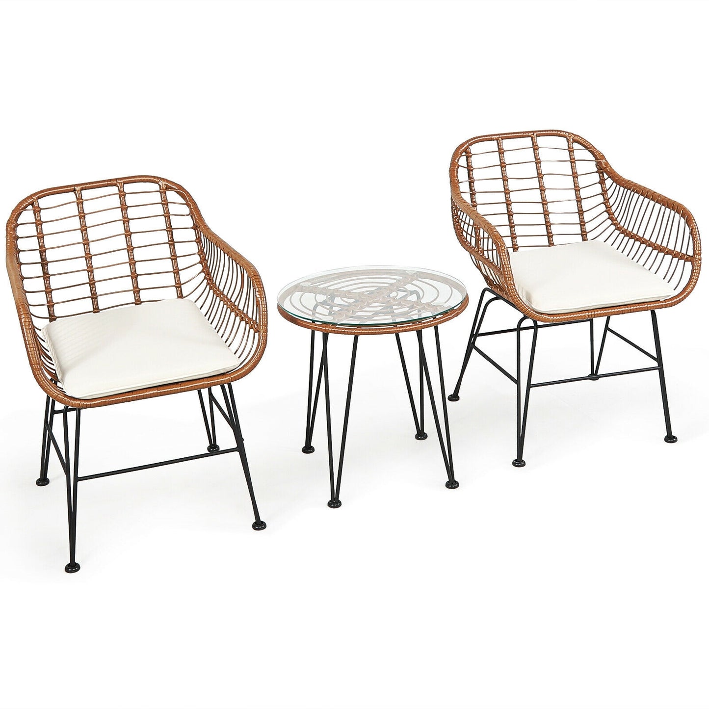 3-Piece Rattan Bistro Set with Cushions and Glass Table