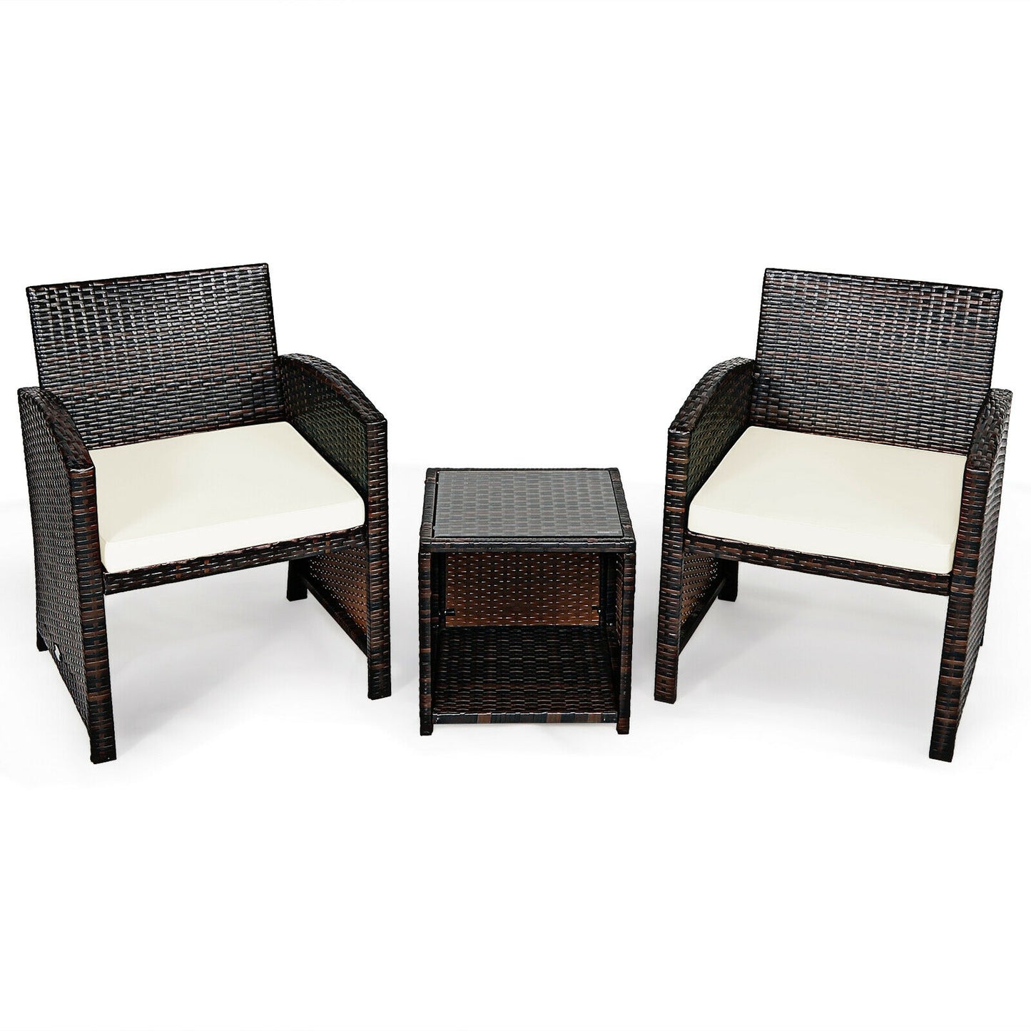 3 Pieces PE Rattan Wicker Furniture Set with Cushion Sofa Coffee Table for Garden-White - White