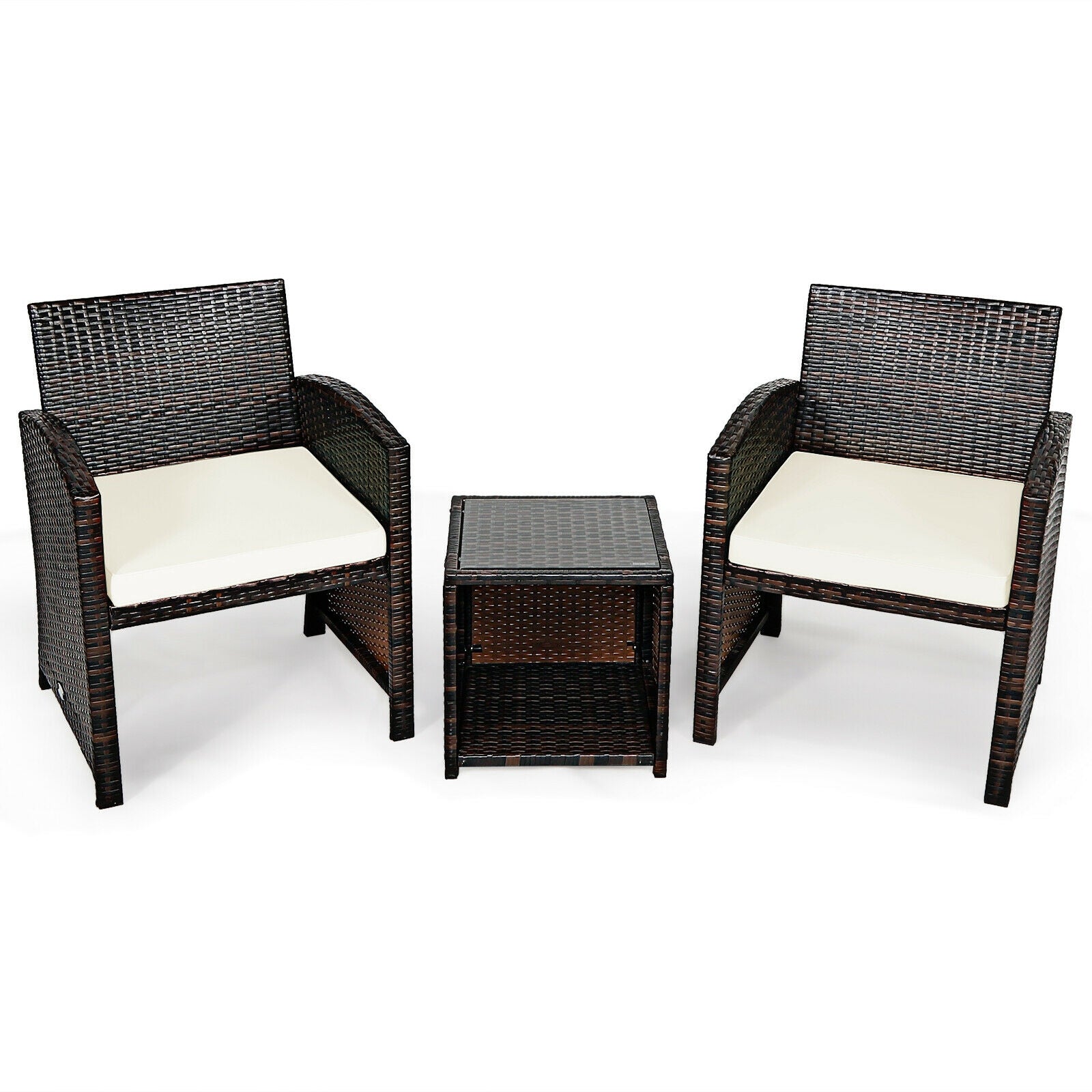 3 Pieces PE Rattan Wicker Furniture Set with Cushion Sofa Coffee Table for Garden-White - White