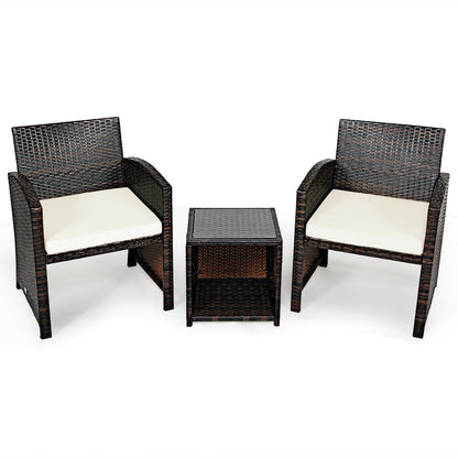 3 Pieces PE Rattan Wicker Furniture Set with Cushion Sofa Coffee Table for Garden-White - White