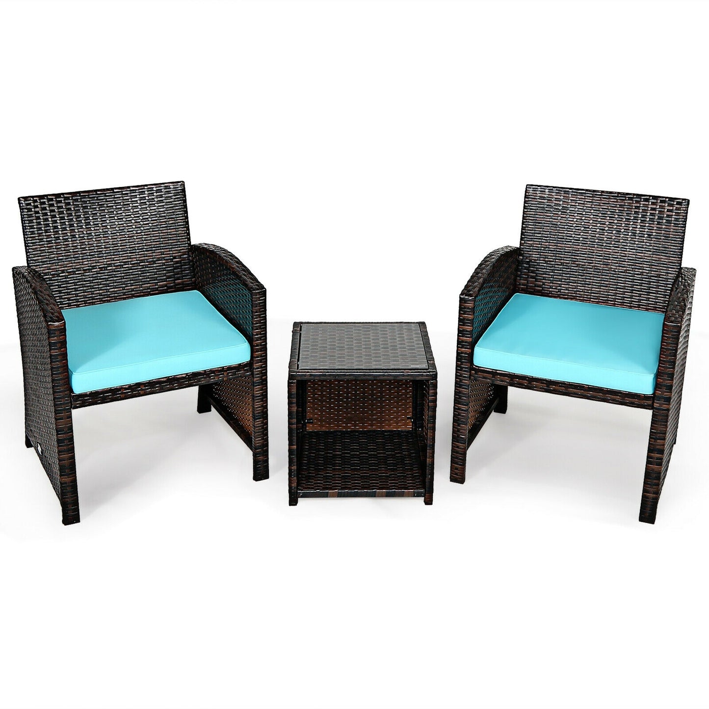 3 Pieces PE Rattan Wicker Furniture Set with Cushion Sofa Coffee Table for Garden-White - Turquoise