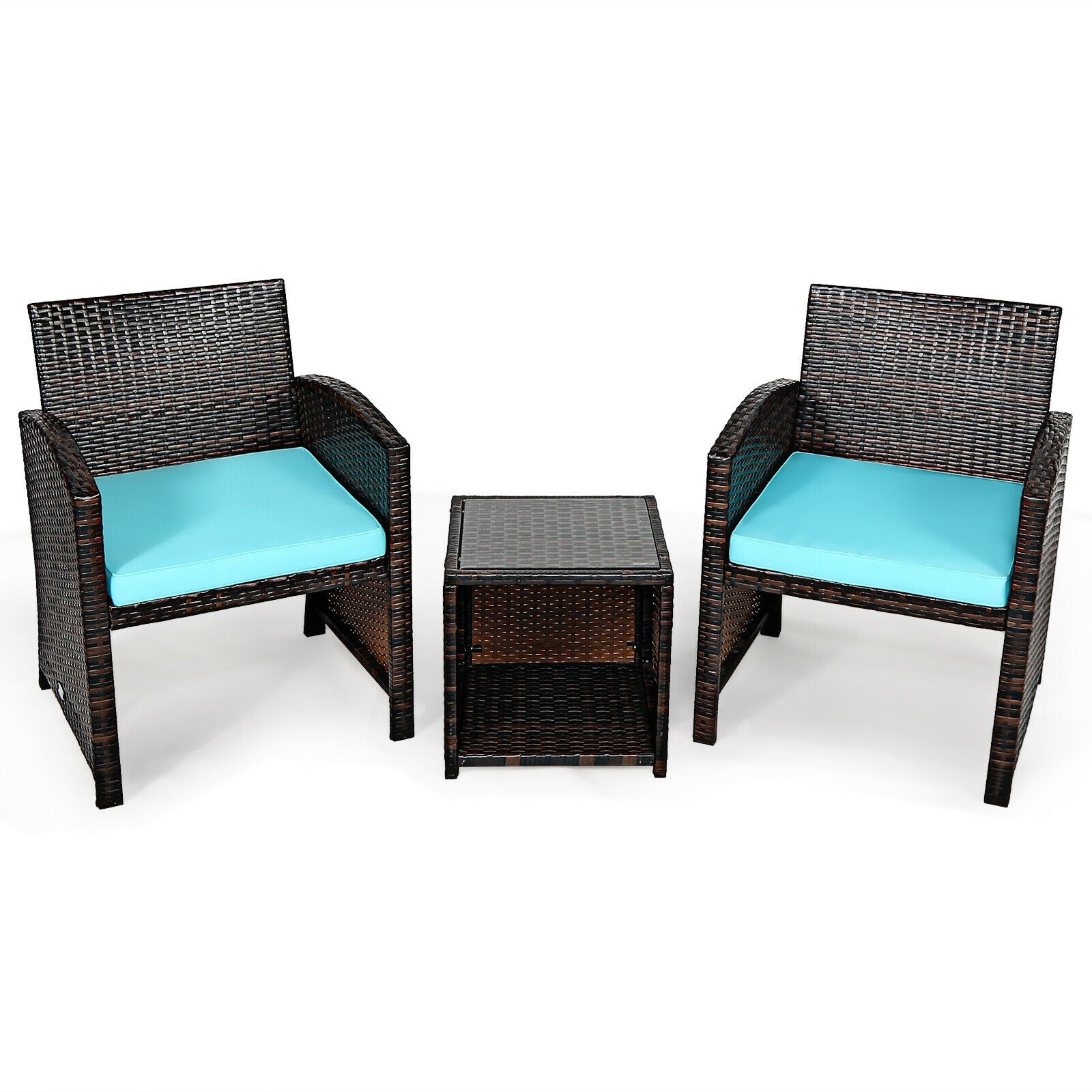 3 Pieces PE Rattan Wicker Furniture Set with Cushion Sofa Coffee Table for Garden-White - Turquoise